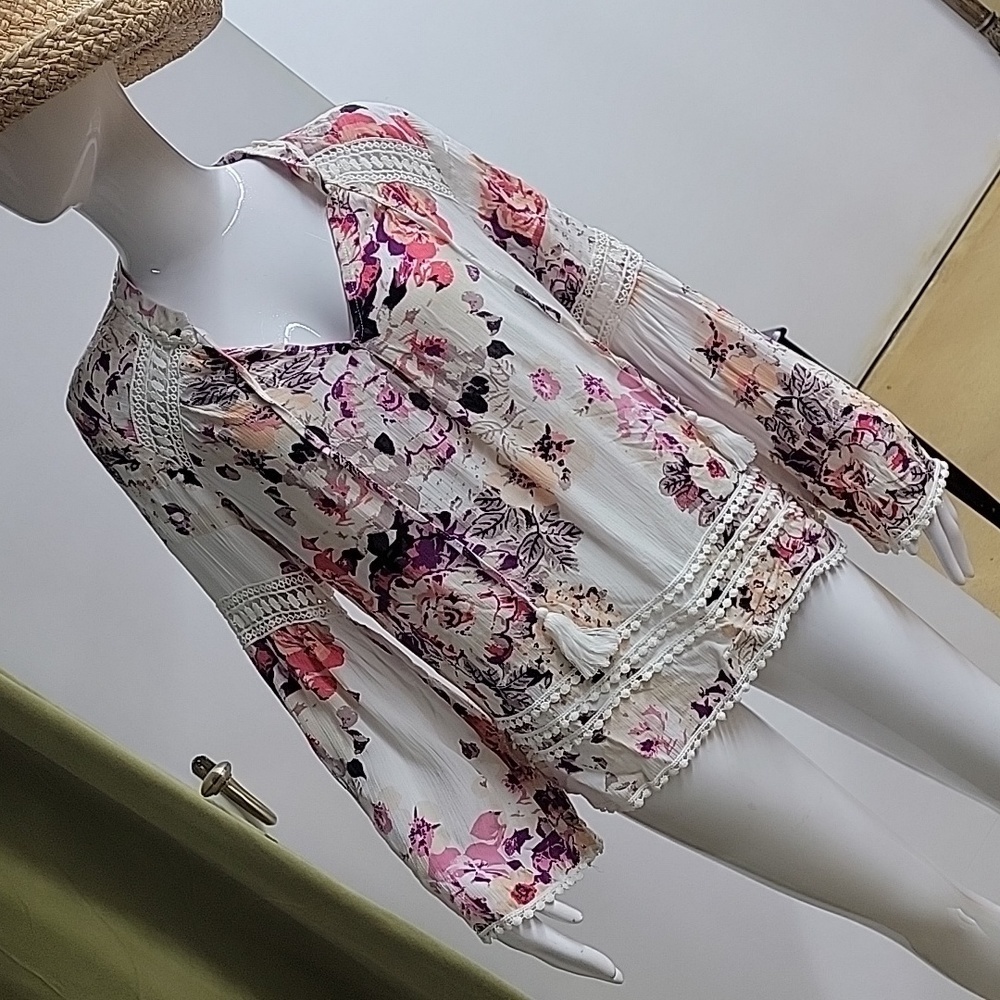 Profile Apparel Vibrant Floral Peasant Boho Long Sleeve Crochet Trim Blouse Top